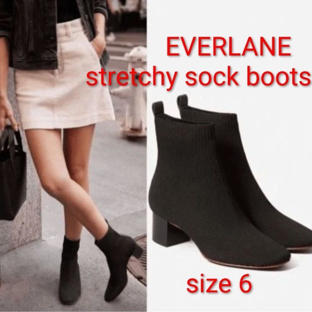 Everlane Sock Boots Ankle Booties Ribbed Stretch 2" Block Heels Classic Black 6